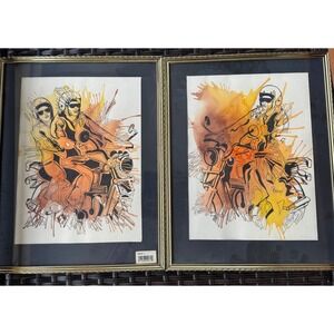PL  Kruger Signed Motorcycle Art Set of 2 Framed Watercolor Ink Biker